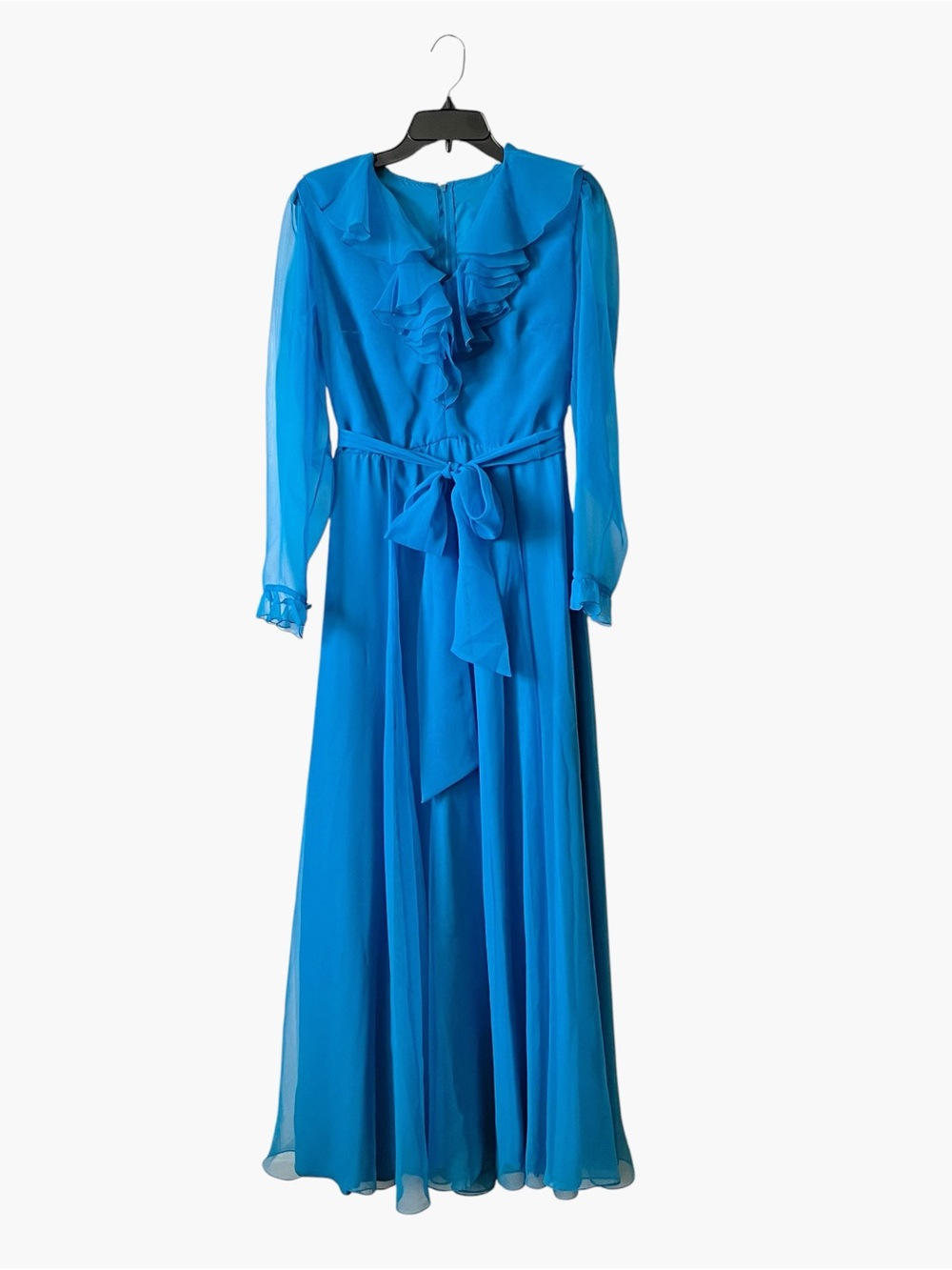 Miss Elliette California Blue Chiffon Ruffle Maxi Gown Belt Size 10 VINTAGE 70s